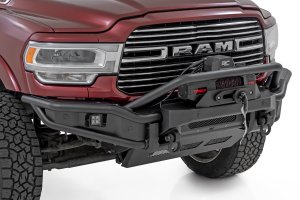 Ram 3500 Bumper - Front - Rough Country - Tubular, Winch Mount, Stinger Bar, Integrated Skid Plate, Light Bar Mount - Satin Black - '19-'26